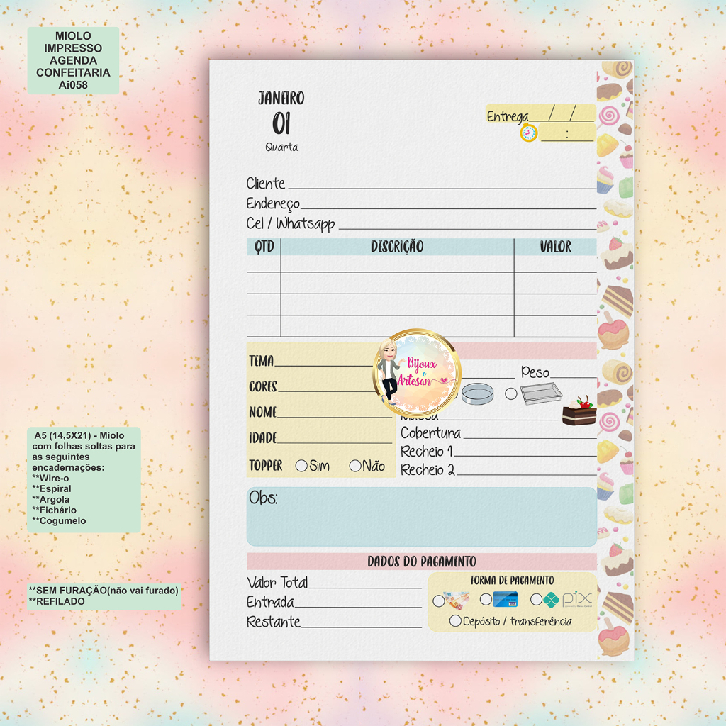 MIOLO IMPRESSO AGENDA CONFEITEIRA - AI058