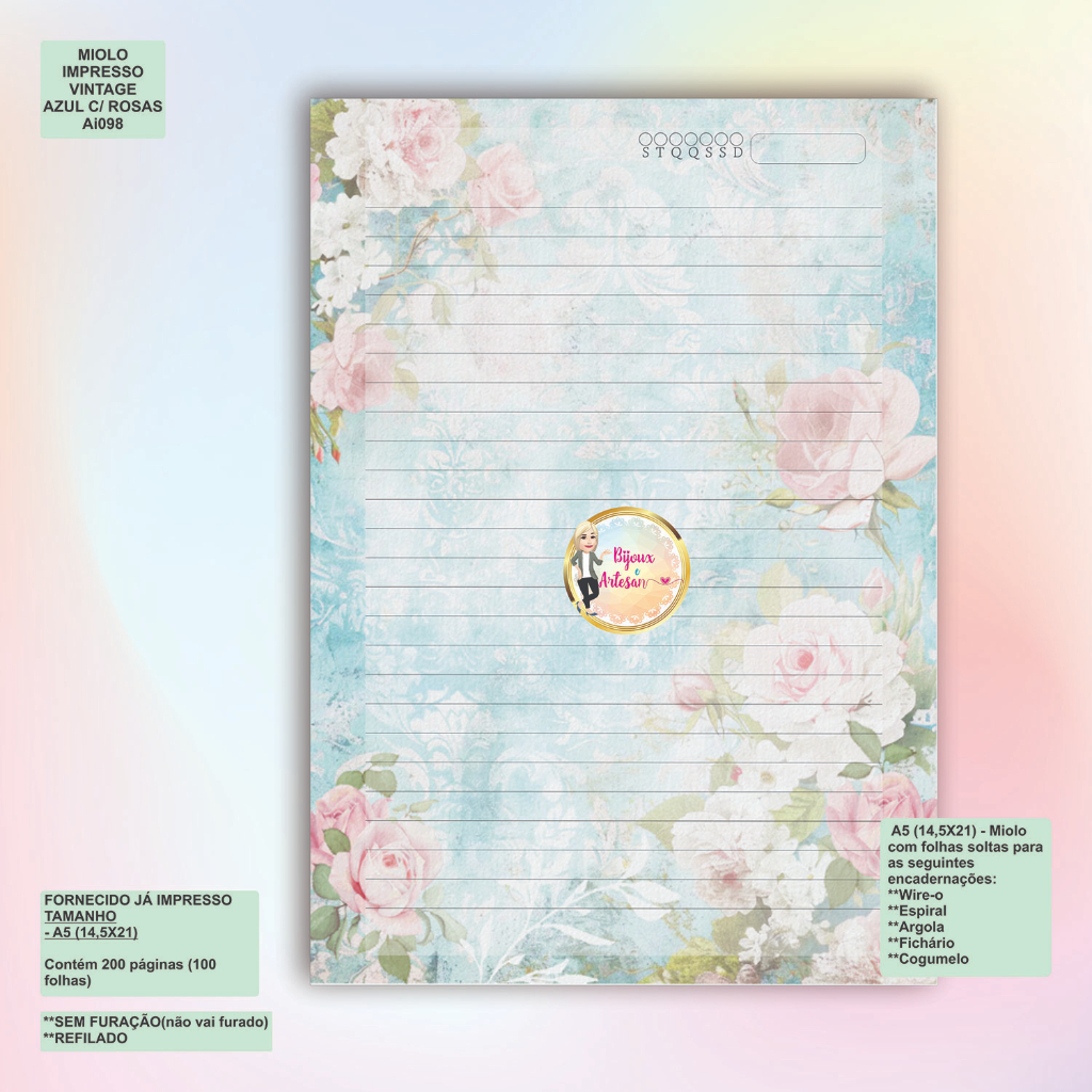 MIOLO IMPRESSO VINTAGE AZUL/ROSAS - AI098