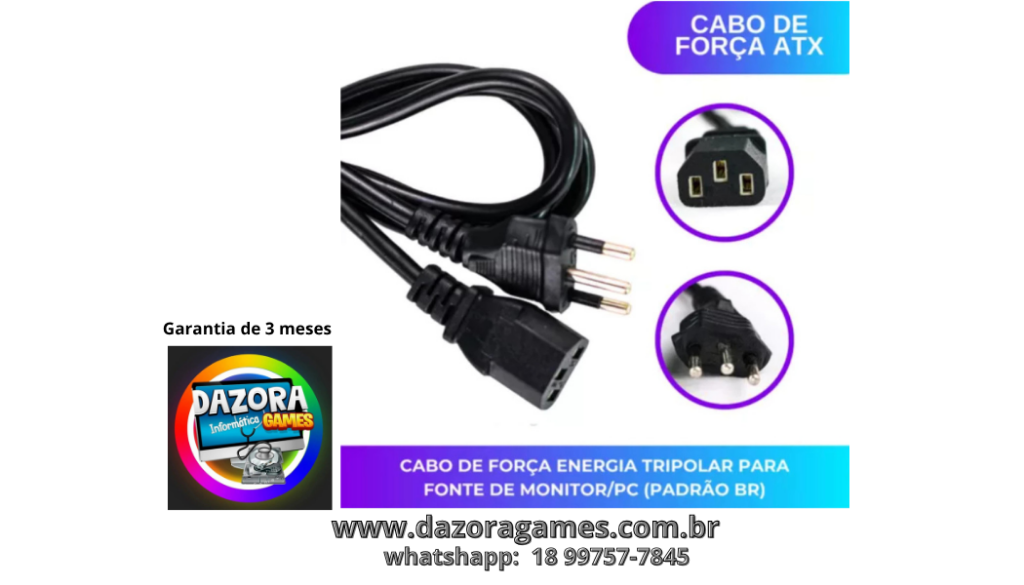  Cabo De Fora Energia 10A Tripolar 1,20m P/Computador | Fonte |