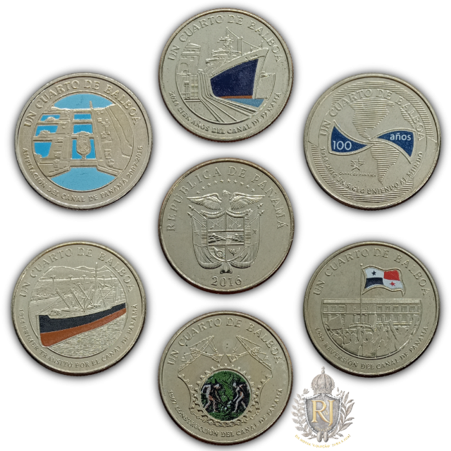 Conjunto com 6 moedas:  Balboa 2016 FC, Panam - 100 Aniversrio - Construo do Canal do Panam.