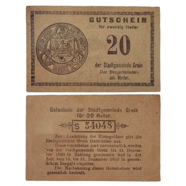 20 Hellers 1920 SOB, �ustria - Munic�pio de Ciudad de Grein (Estado federado de Alta �ustria)