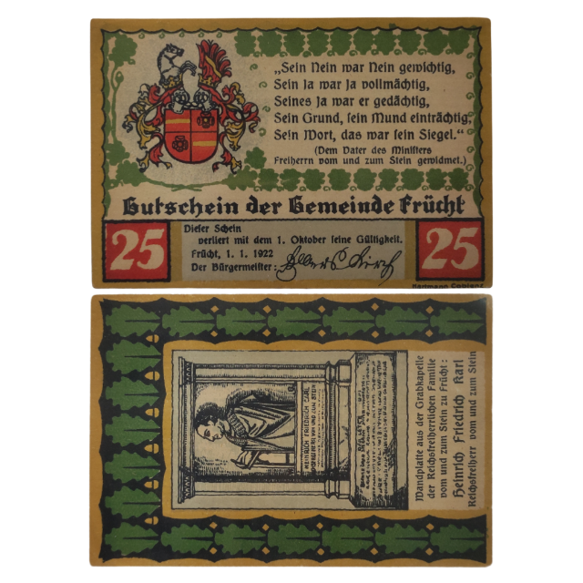 25 Pfennig 1921 FE, Alemanha - Munic�pio de Fr�cht (prov�ncia prussiana de Hesse-Nassau)