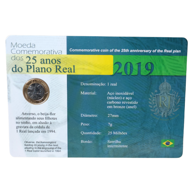Encarte Com Moeda Flor de Cunho Comemorativa aos 25 Anos do Plano Real 