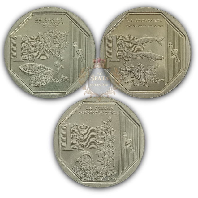 3 Moedas Flor de Cunho - Recursos Naturais do Peru 2013  - (Cacau, Quinoa, Anchoveta peruana)
