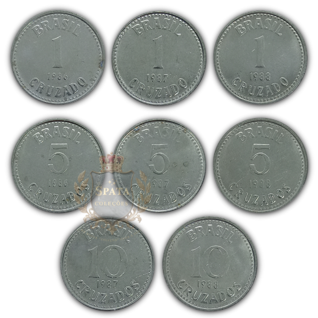 Coleção com 8 Moedas do Padrão Cruzado (1986–1988), MBC - Um Registro da História Econômica Brasileira