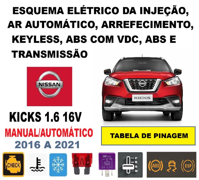 Esquema Eltrico Injeo, Ar Automtico, Arref., ABS VDC, ABS, Keyless e Transmisso Nissan Kicks 1.6 16V (2016 A 2021)