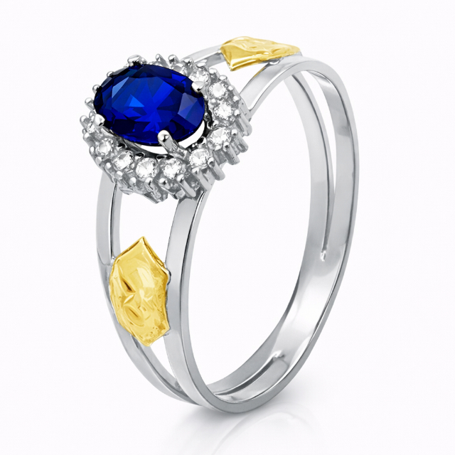 Anel de formatura feminino em prata com zirconias e 2 apliques de ouro 18 K - Todos os cursos - P133F