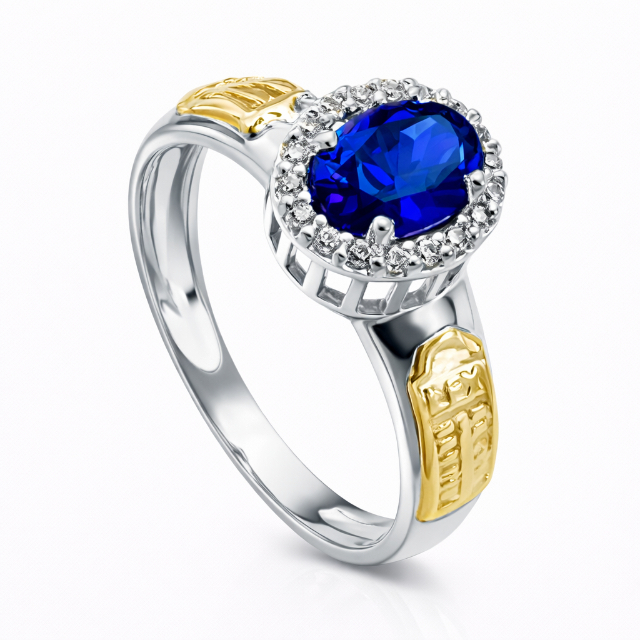 Anel de formatura feminino em prata com zirconias e 2 apliques de ouro 18 K - Todos os cursos - P135F