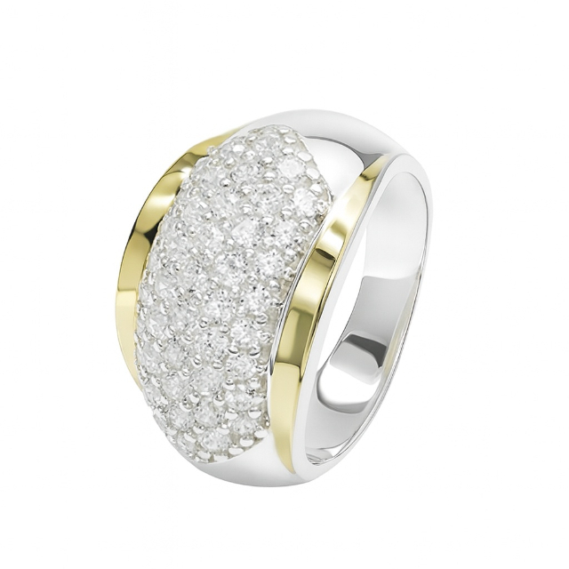Anel de prata com 44 zirconias e dois apliques de ouro - P065