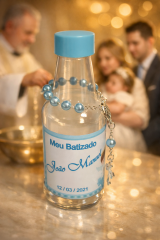 Lembran�a de Batizado de Menino - Garrafinha p/ �gua Benta com R�tulo Personalizado e Mini Ter�o