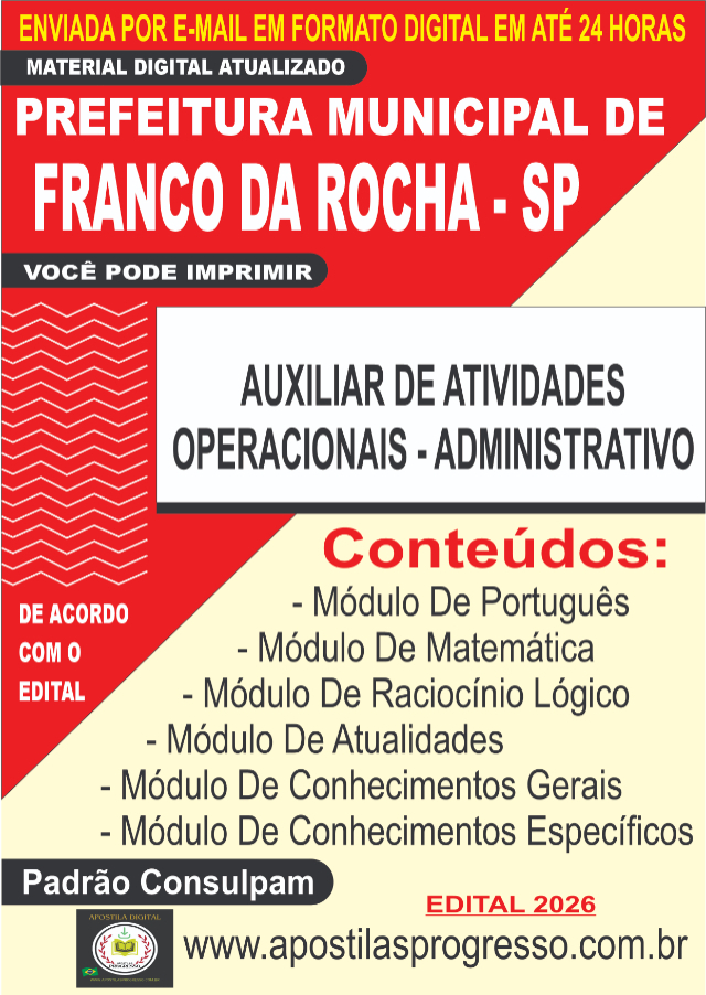 Apostila Da Prefeitura De Franco Da Rocha AUXILIAR DE ATIVIDADES OPERACIONAIS - ADMINISTRATIVO
