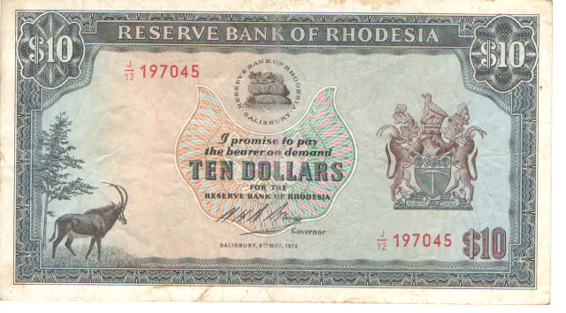 Cdula 10 Dollars Rhodesia Serie 197045