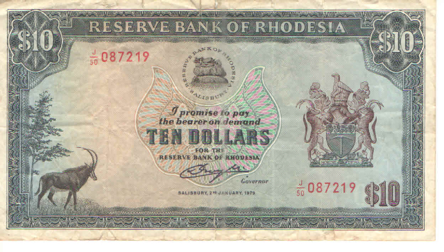 Cdula 10 Dollars Rhodesia 1979 Serie 087219