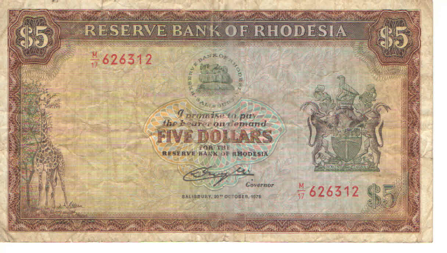 Cdula 5 Dollars Rhodesia 1978 Serie 626312