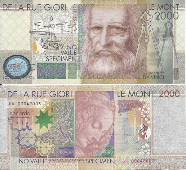 Cdula 2000 De La Rue Giori Leonardo da Vinci Specimen FE