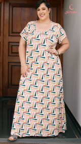 VESTIDO FUNDO CLARO, ESTAMPA GEOMETRICA