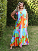VESTIDLO LONGO EM VISCOSE REGATA COM BABADINHO E 2 MARIAS, ESTAMPA MULTICOLOR
