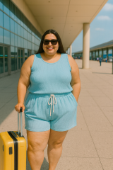CONJUNTO DE SHORTS E BLUSA DE CANELADO DE VISCOSE AZUL BEBE TAM. 48/52
