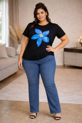 T-SHIRT FLOR AZUL  PRETO  TAM 46/48