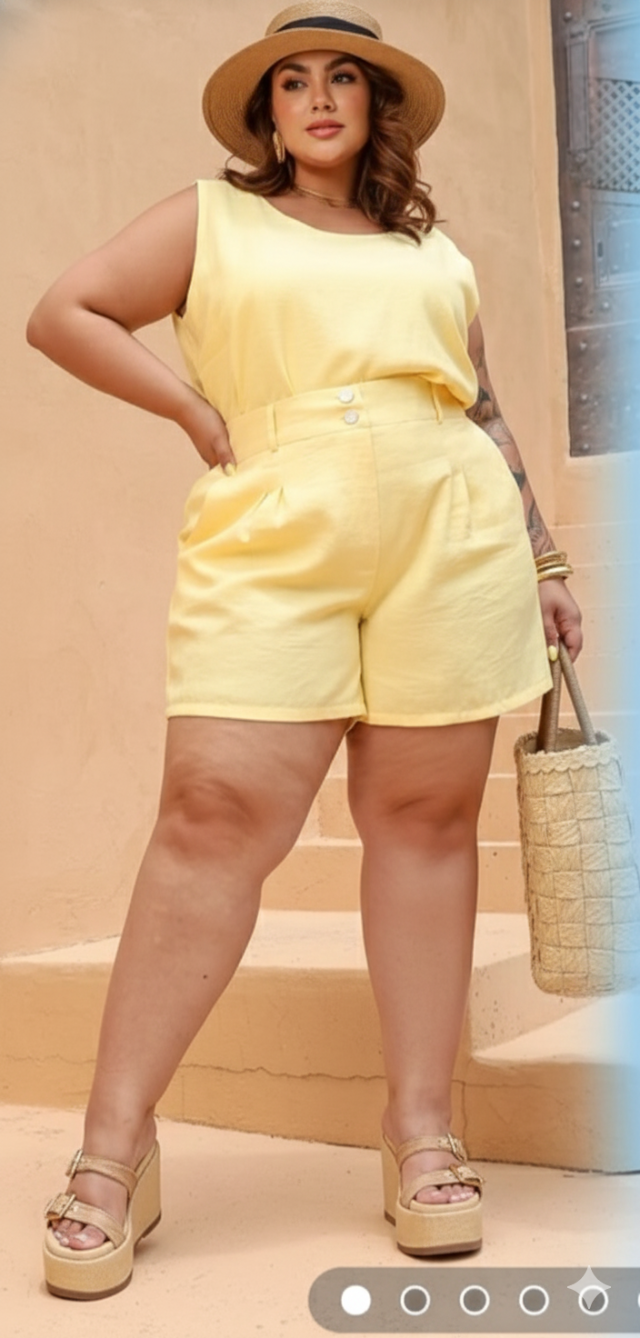  CONJUNTO DE BLUSA E SHORTS EM ALFAIATARIA AMARELO MANTEIGA TAM. 52
